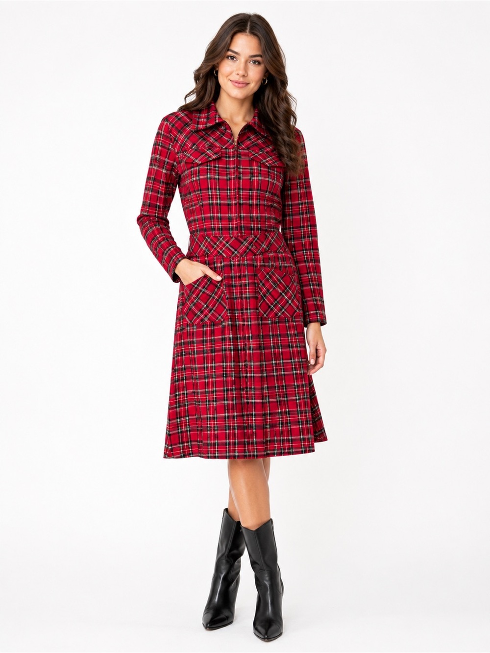 Vintage Wool Tartan Plaid Pleated Midi Dress Western Preppy Euro Retro Indie
